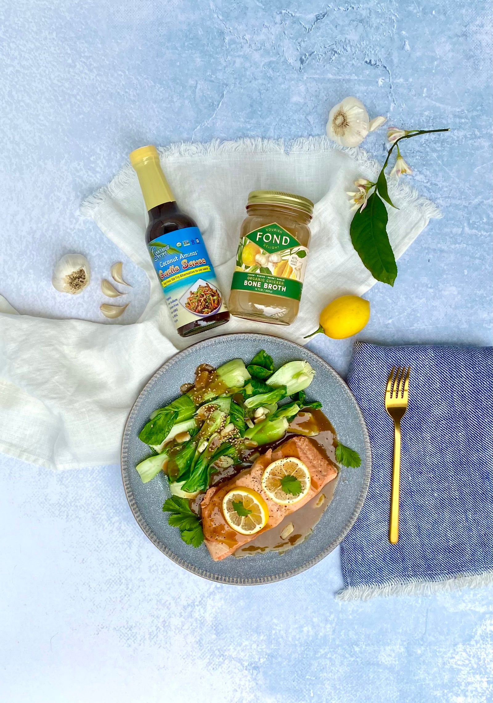 Poached Salmon & Bok Choy with a Lemon Garlic Coconut Aminos Sauce – FOND Bone Broth Tonics