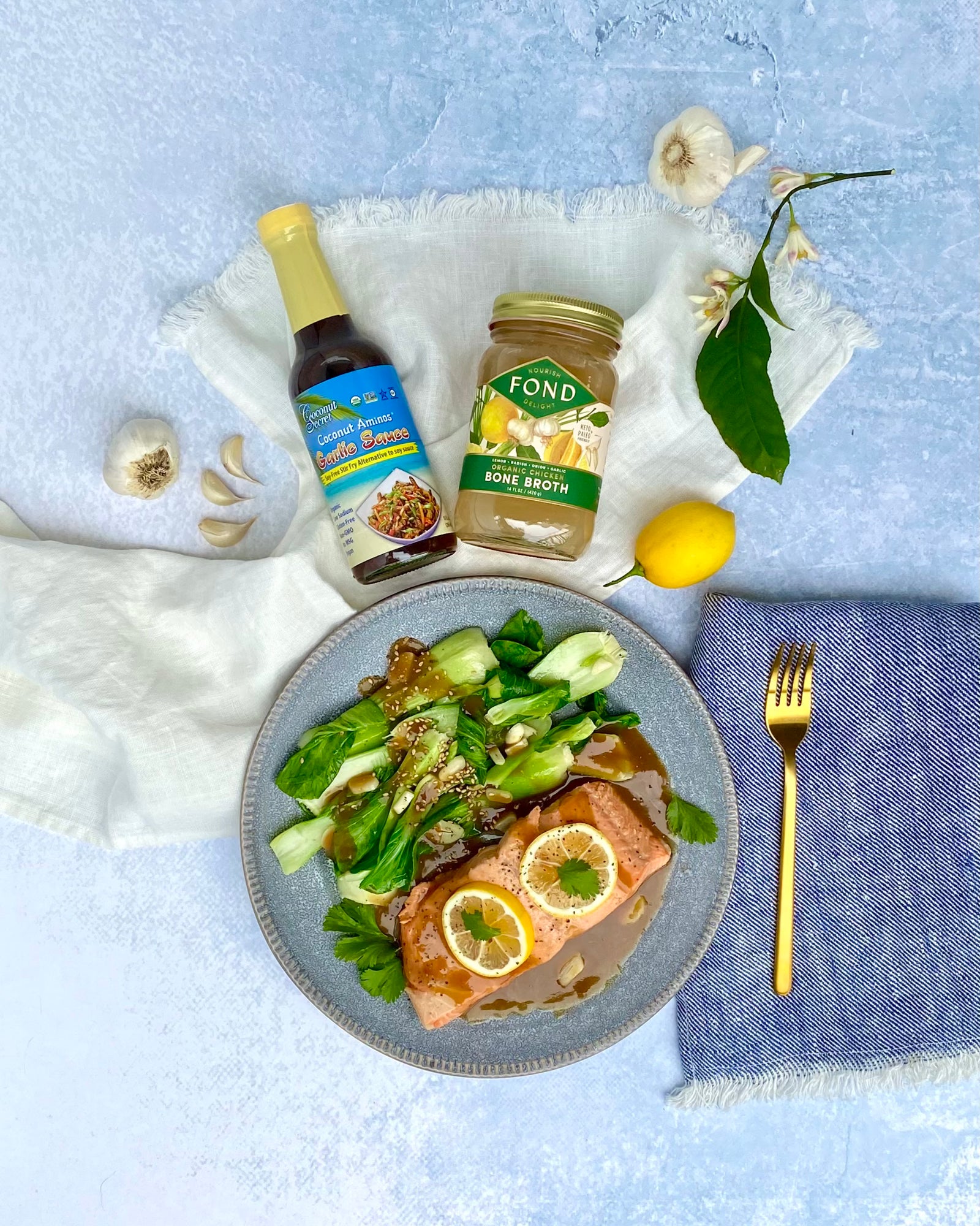 Poached Salmon & Bok Choy with a Lemon Garlic Coconut Aminos Sauce