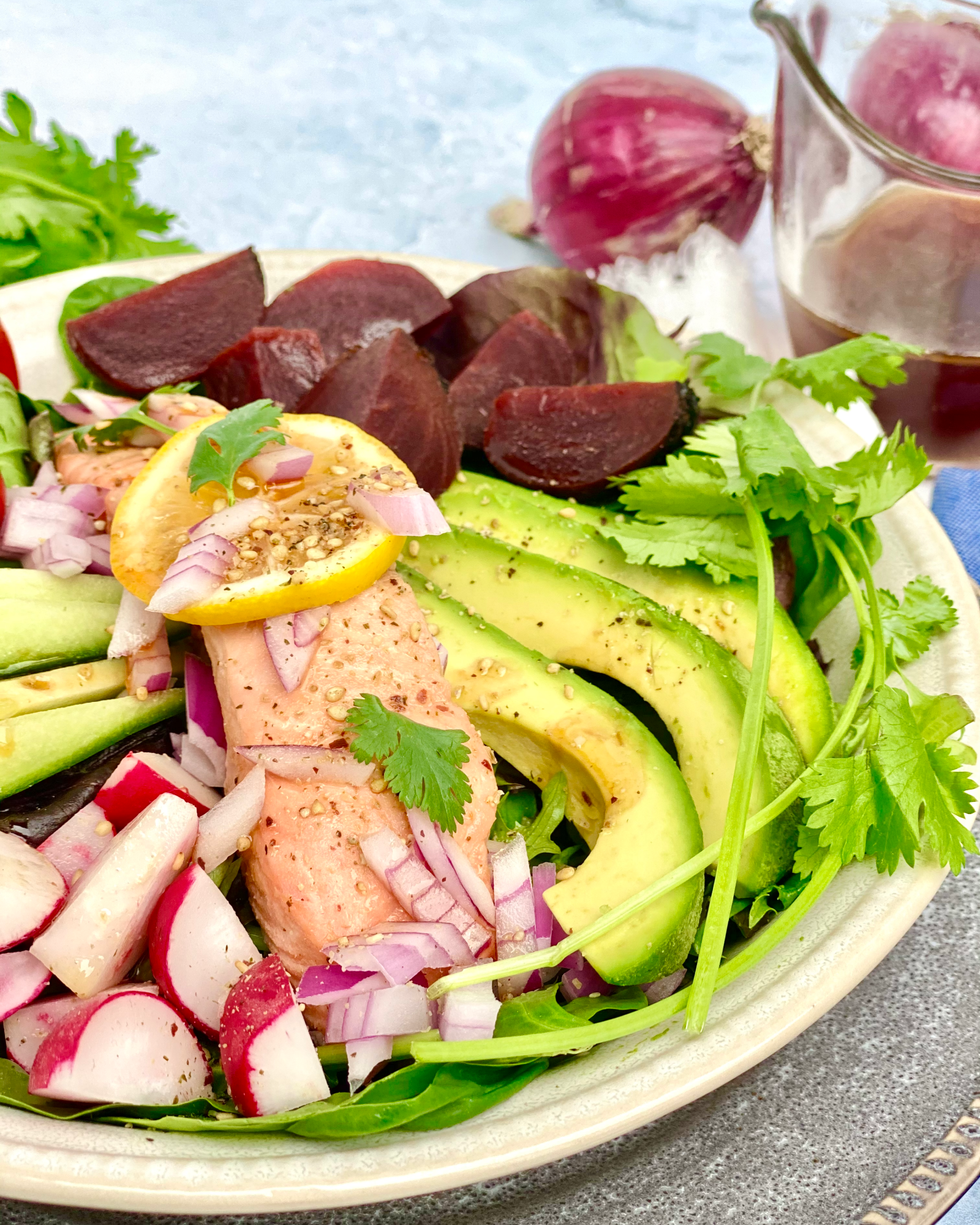Poached Salmon Salad Bowl with Red Beet Coconut Aminos Dressing