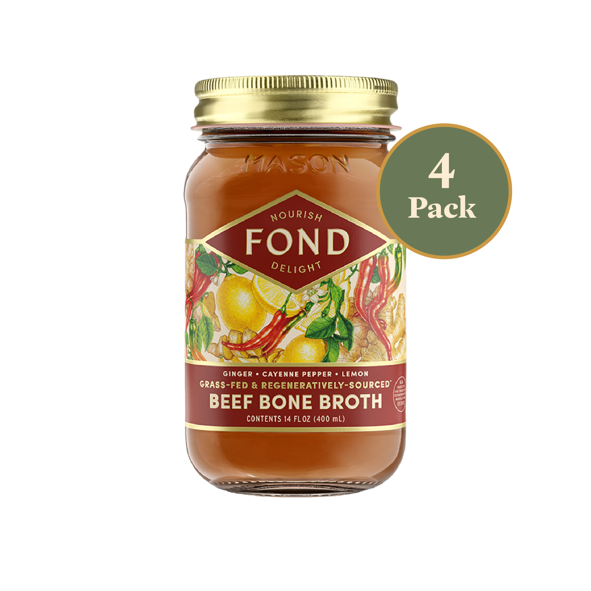 Regenerative Beef Bone Broth - Ginger & Cayenne - 4 Jars