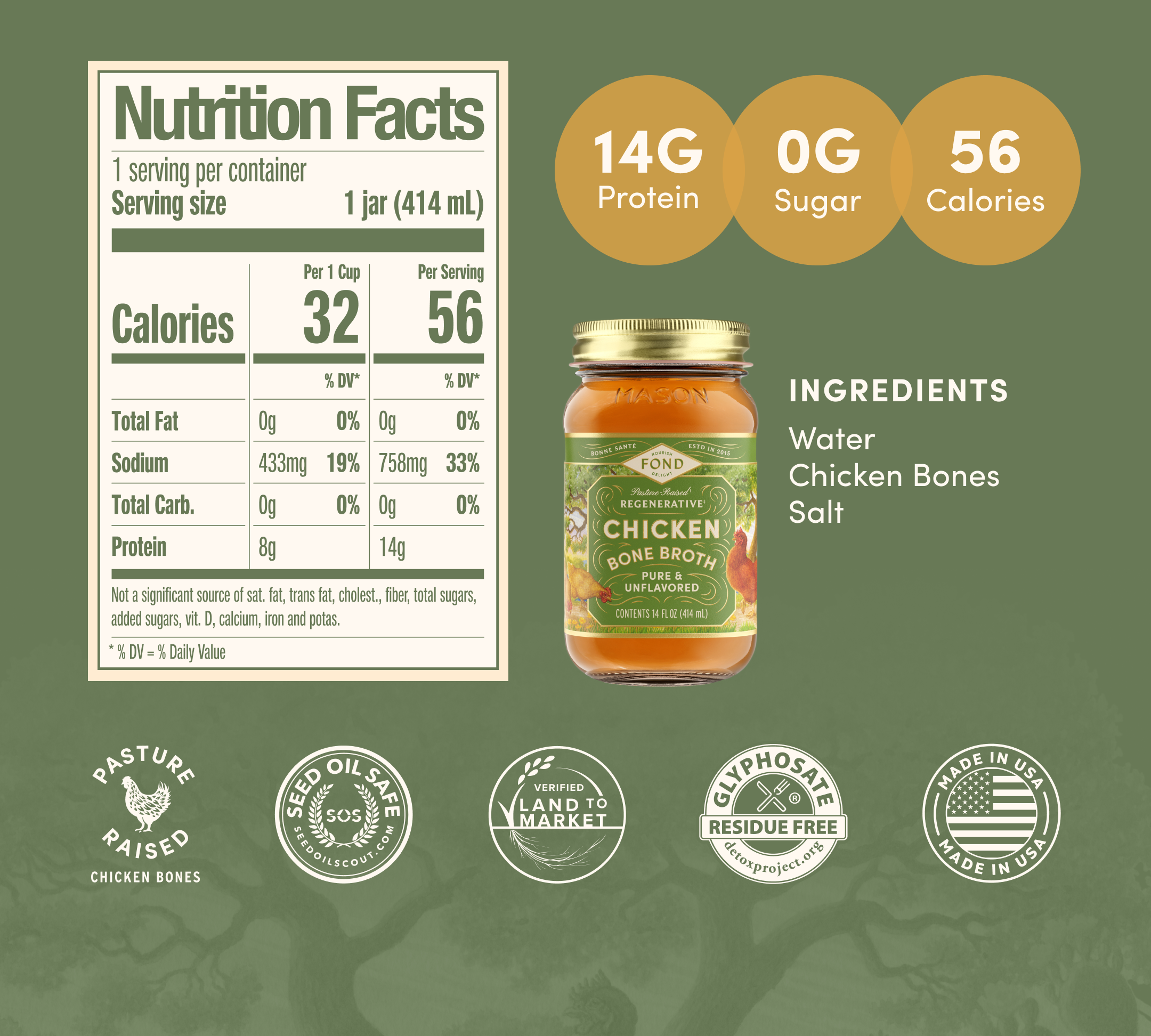 Chicken Bone Broth - Pure & Unflavored - 4 Jars