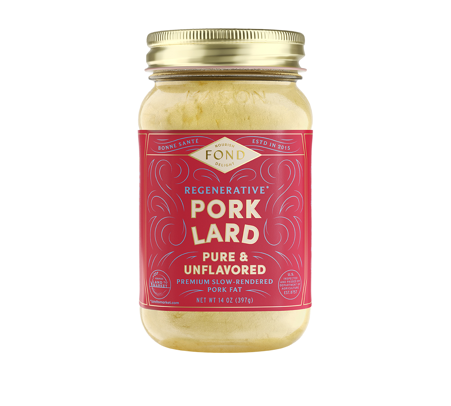 FOND Regenerative 100% Pork Lard, Pure & Unflavored (14oz Jar)